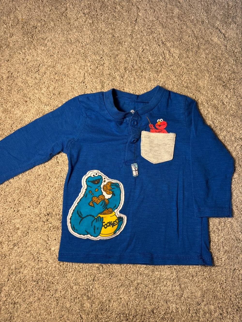 Vintage Sesame Street Blue Long Sleeve Henley w/ Cookie Monster & Elmo Size 12mo